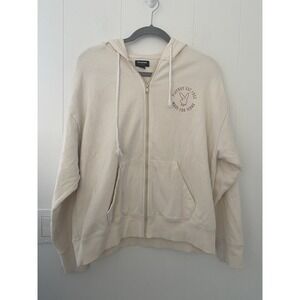 Playboy By Pacsun Full Zip Hoodie Ivory Fleece Lining Pockets Adult XS Runs Lrg